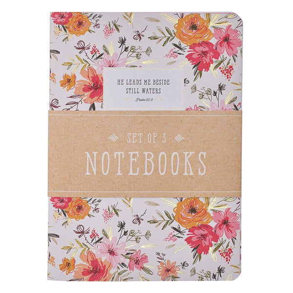 Large Notebook Set - He Leads Me Pink Floral Psalm 23:2