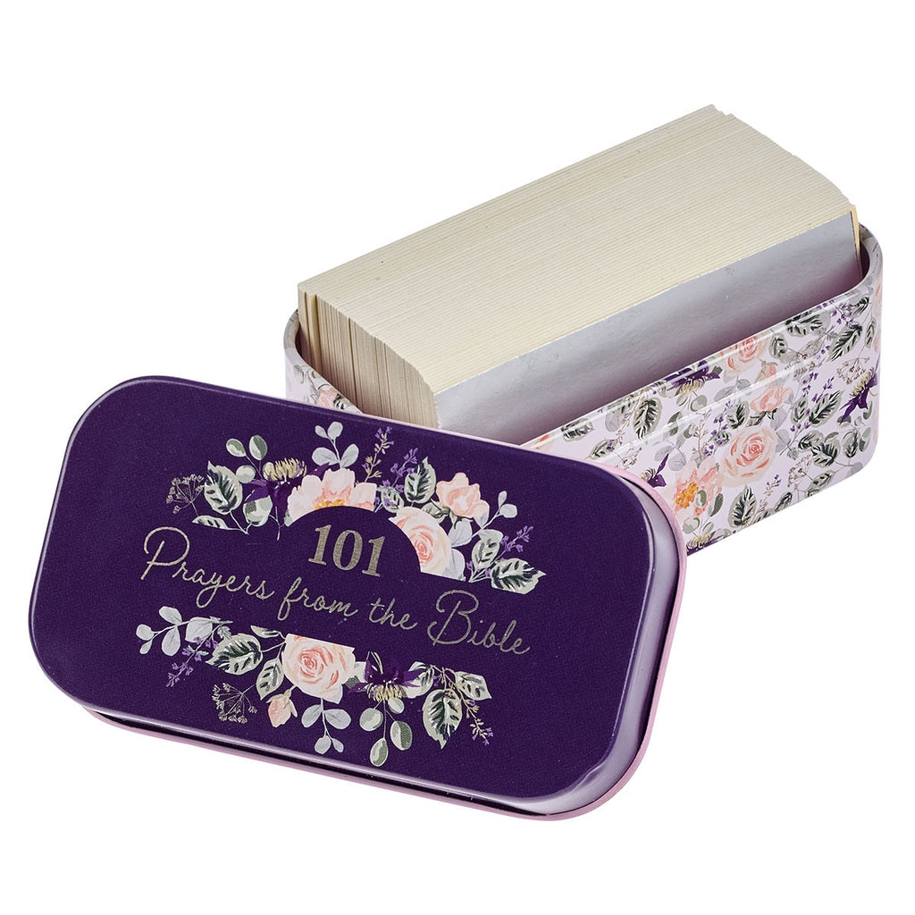 101 Prayers From The Bible Navy Scripture Cards in a Tin