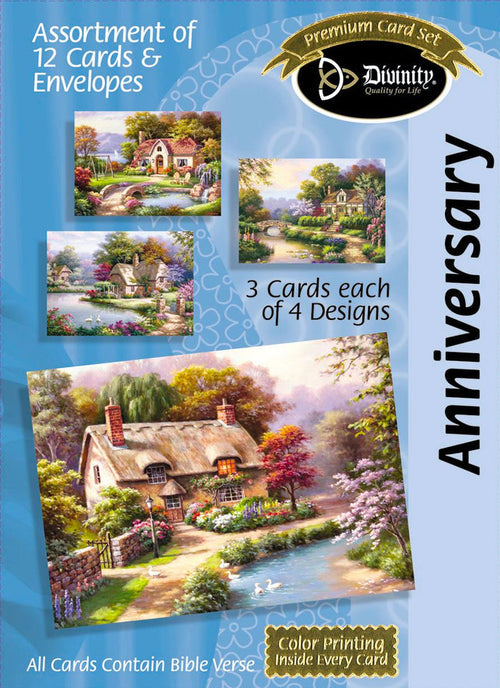 Boxed Cards: Anniversary, Cottages Scripture - KJV