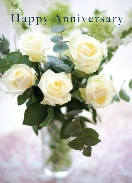 Anniversary Card - White Roses In Vase  (Order in 6)
