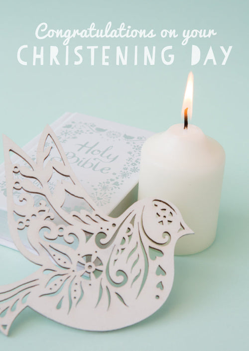 Christening Card - Bible Candle And Dove  (Order in 6)