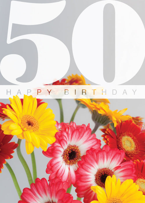Age 50 Card - Colourful Gerberas  (Order in 6)