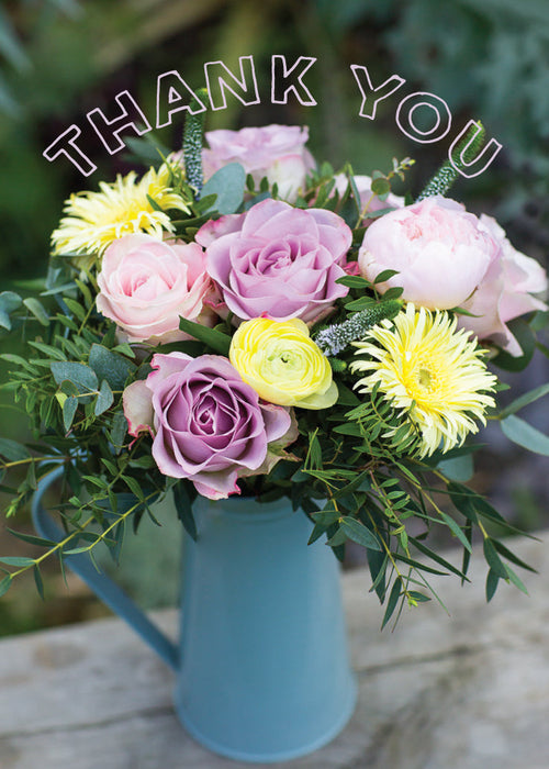 Thank You Card - Pink Roses In Blue Jug  (Order in 6)