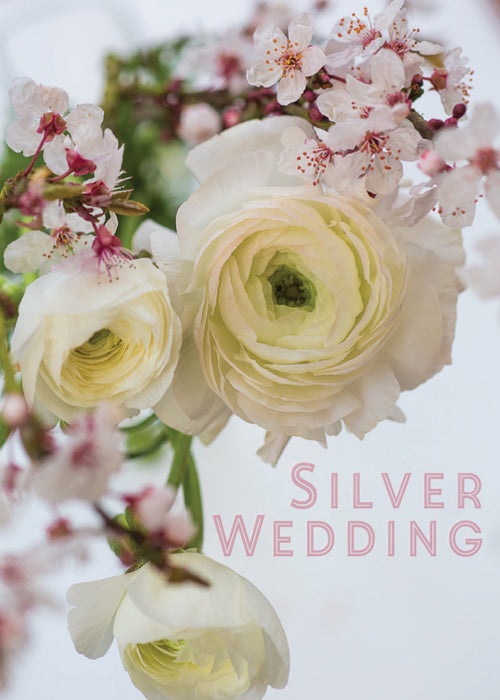 Silver Anniversary Card - Ranuncula And Blossom  (Order in 6)