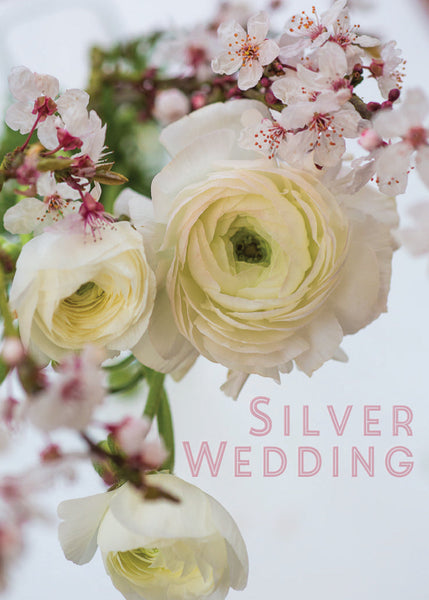 Silver Anniversary Card - Ranuncula And Blossom  (Order in 6)