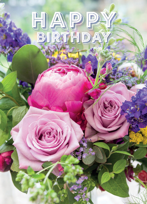 Birthday Card - Rose/Paeonies Bouquet  (Order in 6)