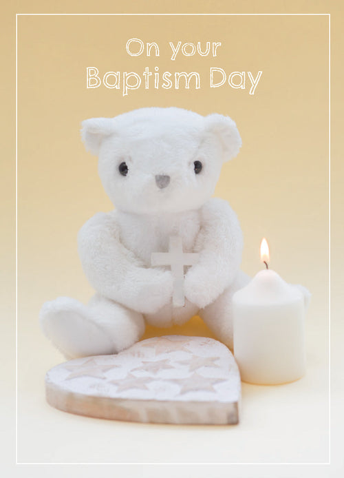 Baby Baptism Card - Toy Bear/Cross And Candle  (Order in 6)