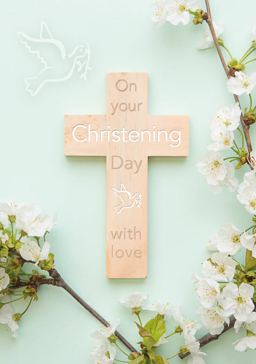 Christening Card - Blossom/Wood Cross  (Order in 6)