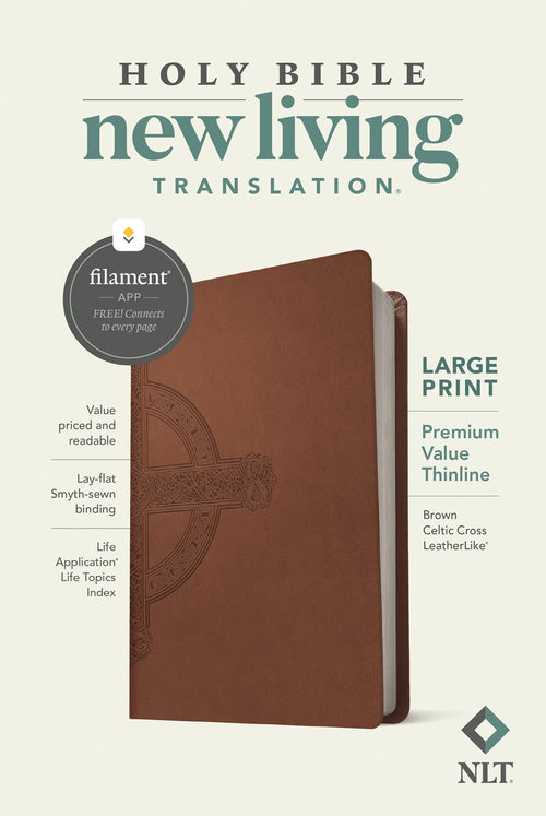 NLT Large Print Premium Value Thinline Bible, Filament Enabled (LeatherLike, Brown Celtic Cross)