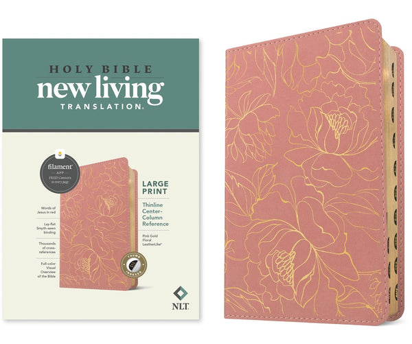 NLT Large Print Thinline Center-Column Reference Bible, Filament Enabled (LeatherLike, Pink Gold Floral, Indexed, Red Letter)  (Large type / large print)