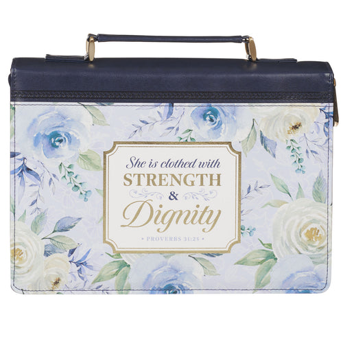 Strength and Dignity Indigo Rose Faux Leather Fashion Bible Cover - Proverbs 31:25