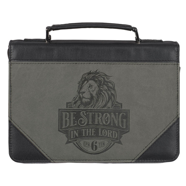 Be Strong in the Lord Black and Gray Lion Faux Leather Classic Bible Cover - Ephesians 6:10