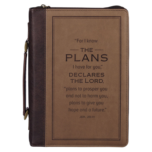 The Plans Cocoa Brown and Taupe Faux Leather Classic Bible Cover - Jeremiah 29:11 - KI Gifts Christian Supplies
