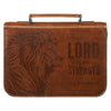 The Lord is My Strength Lion Honey-brown Faux Leather Classic Bible Cover - Exodus 15:2 - KI Gifts Christian Supplies