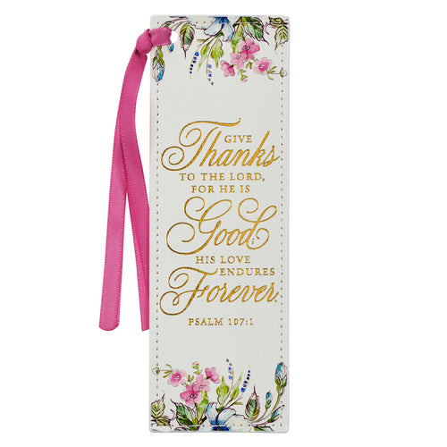 Give Thanks White Floral Faux Leather Bookmark - Psalm 107:1