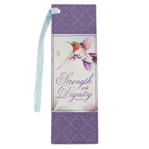 Strength and Dignity Hummingbird Purple Faux Leather Bookmark - Proverbs 31:25 - KI Gifts Christian Supplies