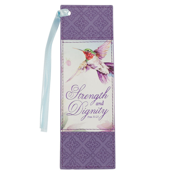 Strength and Dignity Hummingbird Purple Faux Leather Bookmark - Proverbs 31:25 - KI Gifts Christian Supplies