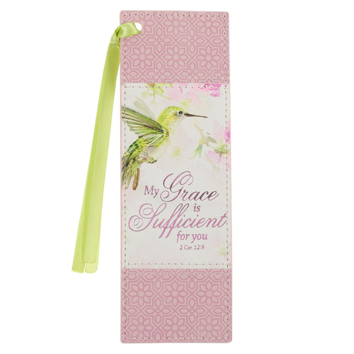 My Grace is Sufficient Hummingbird Pink Faux Leather Bookmark - 2 Corinthians 12:9 - KI Gifts Christian Supplies