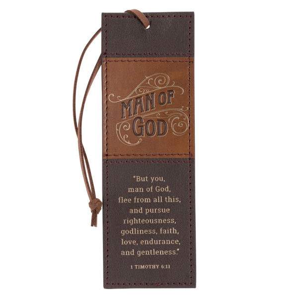 Man of God Honey-brown and Espresso Faux Leather Bookmark - 1 Timothy 6:11 - KI Gifts Christian Supplies