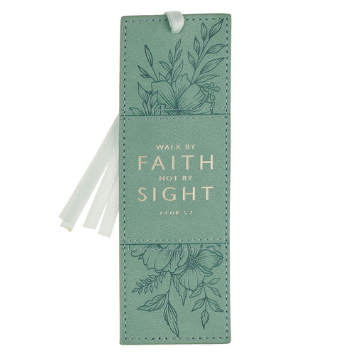 Faith Teal Floral Faux Leather Bookmark - 2 Corinthians 5:7 - KI Gifts Christian Supplies