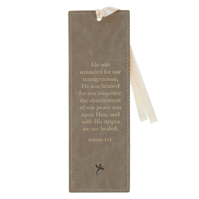 Amazing Grace Taupe Faux Leather Bookmark - Isiah 53:5