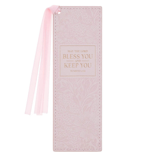 Bless and Keep You Blush Floral Faux Leather Bookmark - Numbers 6:24 - KI Gifts Christian Supplies