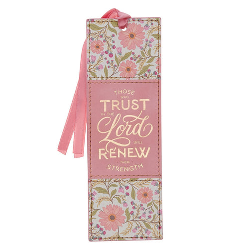 Trust Coral Floral Faux Leather Bookmark - Isaiah 40:31 - KI Gifts Christian Supplies