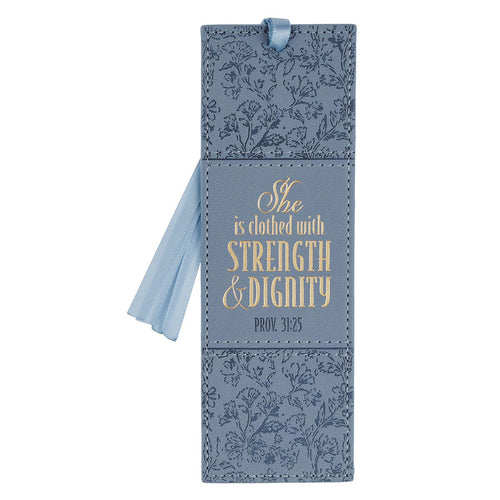 Strength and Dignity Blue Cottage Garden Faux Leather Bookmark - Proverbs 31:25