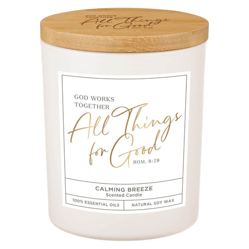 All Things For Good Calming Breeze Candle in a Glass Jar - Romans 8:28 - KI Gifts Christian Supplies