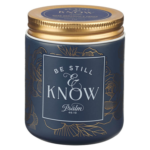 Be Still and Know Golden Rose Nordic Seaside Scented Candle in a Blue Glass Jar - Psalm 46:10 - KI Gifts Christian Supplies