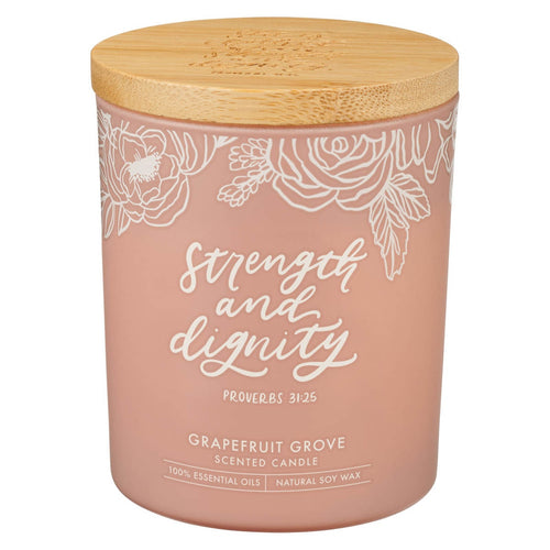 Strength and Dignity Grapefruit Scented Candle in a Peach Glass Jar- Proverbs 31:25 - KI Gifts Christian Supplies