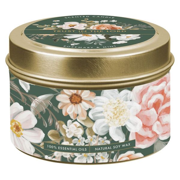 Trust in the Lord Rosemary and Mint Candle in a Tin - Proverbs 3:5 - KI Gifts Christian Supplies