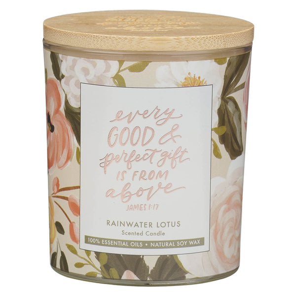 Every Good and Perfect Gift Rainwater Lotus Scented Candle - James 1:17 - KI Gifts Christian Supplies