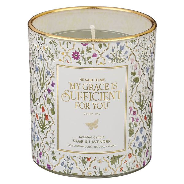 Sufficient Grace Sage and Lavender Scented Candle in a Glass Jar - 2 Corinthians 12:9 - KI Gifts Christian Supplies