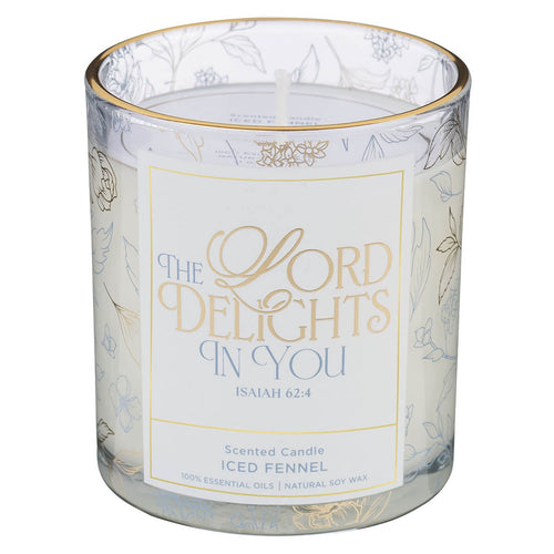 The Lord Delights in You Iced Fennel Scented Candle in a Glass Jar - Isaiah 62:4 - KI Gifts Christian Supplies