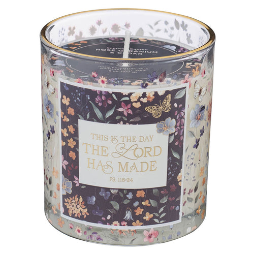 This Is the Day Rose Geranium and Cedar Scented Candle in a Glass Jar - Psalm 118:24. - KI Gifts Christian Supplies