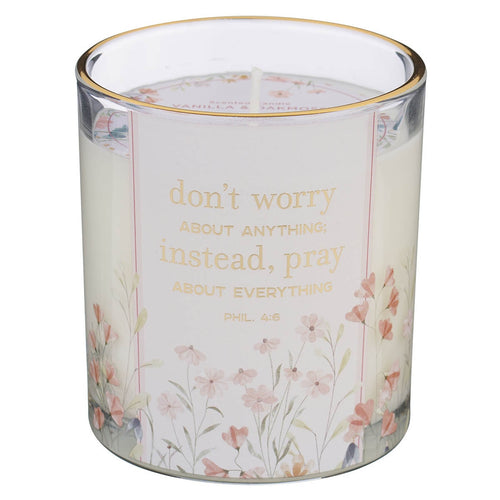 Don't Worry, Instead Pray Vanilla and Oakmoss Scented Candle in a Glass Jar - Philippians 4:6 - KI Gifts Christian Supplies