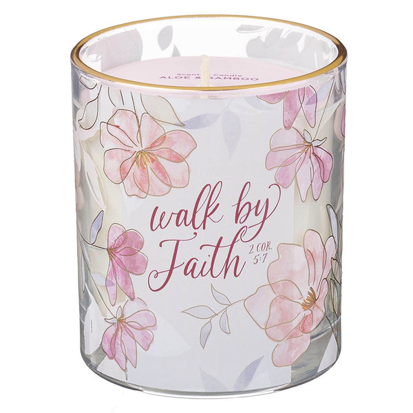 Walk by Faith Pink Aloe Bamboo Scented Candle in A Glass Jar - 2 Corinthians 5:7