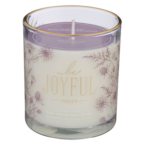 Always Be Joyful Dusty Mauve Rain-Drenched Lotus Scented Candle in a Glass Jar - 1 Thessalonians 5:16. - KI Gifts Christian Supplies