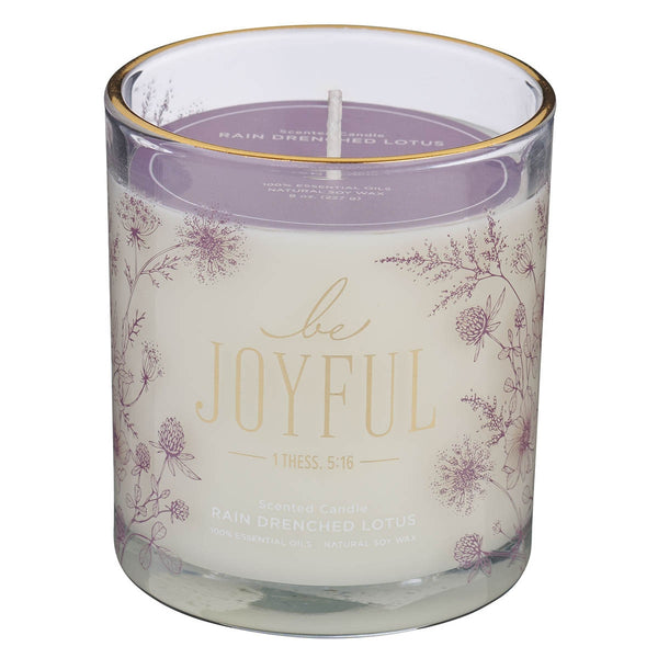 Always Be Joyful Dusty Mauve Rain-Drenched Lotus Scented Candle in a Glass Jar - 1 Thessalonians 5:16. - KI Gifts Christian Supplies