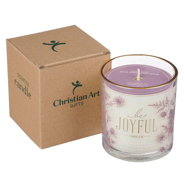 Always Be Joyful Dusty Mauve Rain-Drenched Lotus Scented Candle in a Glass Jar - 1 Thessalonians 5:16.