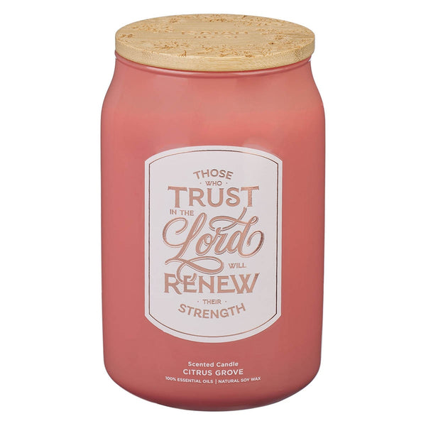 Trust In The Lord Coral Cascade Citrus Grove Scented Glass Candle in a Glass Jar - Isaiah 40:31 - KI Gifts Christian Supplies