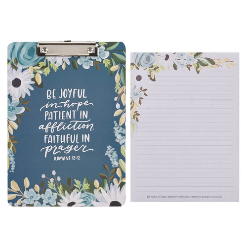 Be Joyful Blue Floral Clipboard and Notepad – Romans 12:12 - KI Gifts Christian Supplies