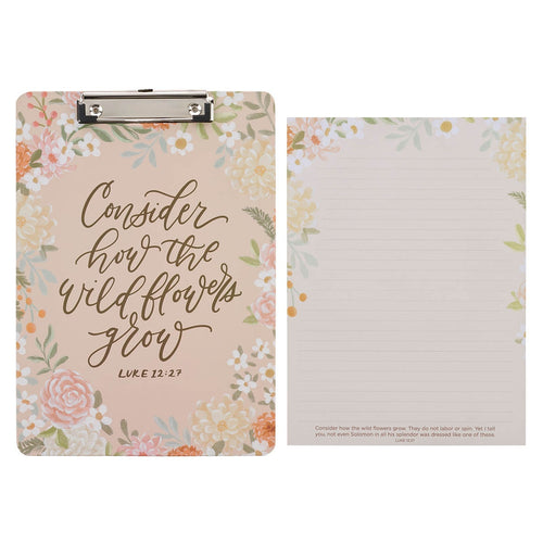 Consider the Wildflowers Peach Floral Clipboard and Notepad – Luke 12:27 - KI Gifts Christian Supplies