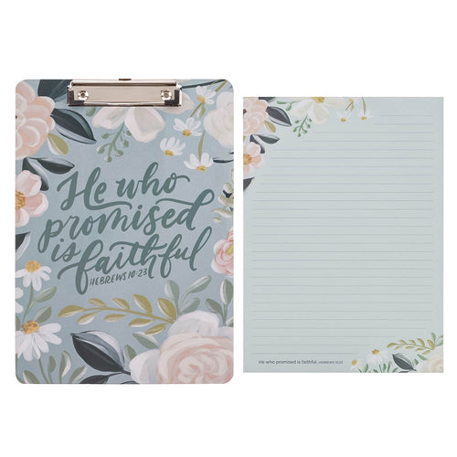He Who Promised Is Faithful Teal Meadow Clipboard and Notepad - Hebrews 10:23 - KI Gifts Christian Supplies