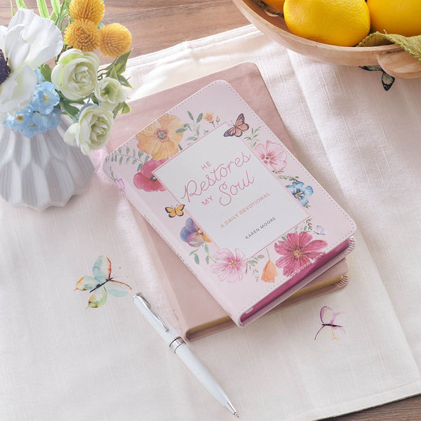 He Restores My Soul Pink Faux Leather Daily Devotional for Women