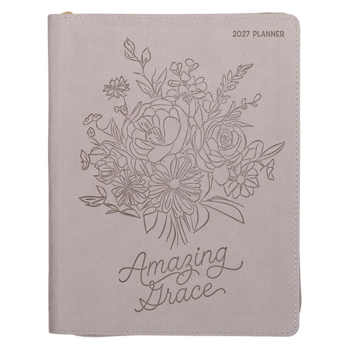 2027 Amazing Grace Large Zippered Taupe Faux Leather 18-Month Planner for Women