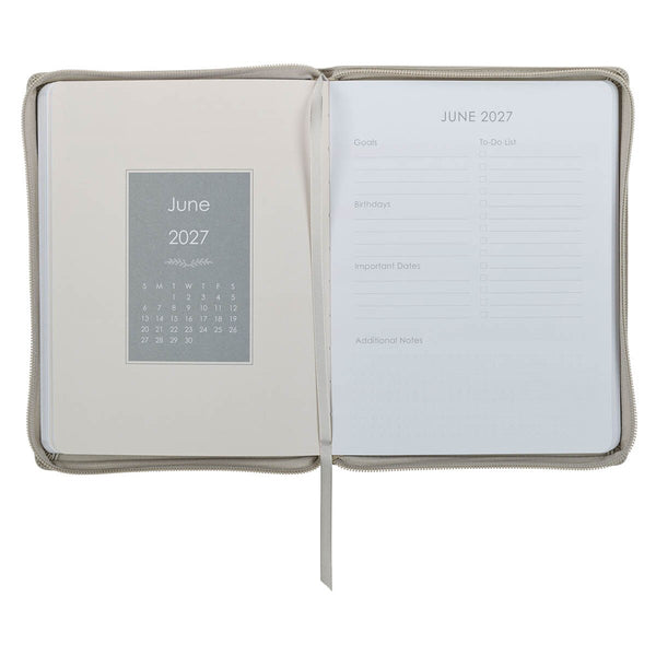 2027 Amazing Grace Large Zippered Taupe Faux Leather 18-Month Planner for Women