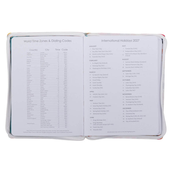 2027 Be Still and Know Large Zippered White Floral Faux Leather 18-Month Planner for Women - Psalm 46:10