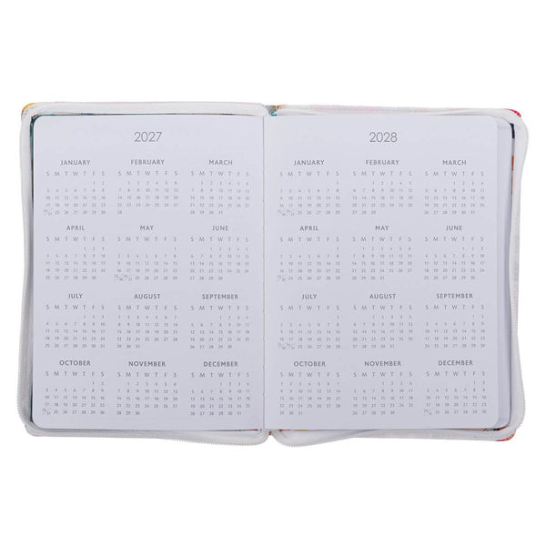 2027 Be Still and Know Large Zippered White Floral Faux Leather 18-Month Planner for Women - Psalm 46:10
